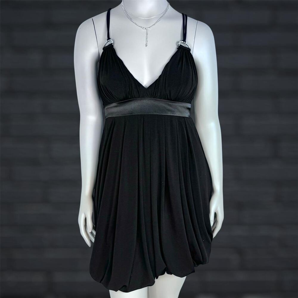 Y2K Black Rhinestone Strap Mini Dress 7/8 Bubble Hem Cocktail Party Clubwear LBD